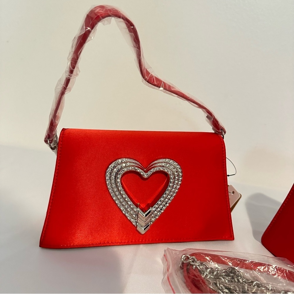 Red Heart Emblem Design Satin Clutch Handbag